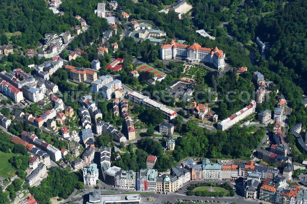 Aerial image Karlovy Vary - Karlsbad - Town View of the streets and houses of the residential areas in Karlovy Vary - Karlsbad in Cechy - Boehmen, Czech Republic