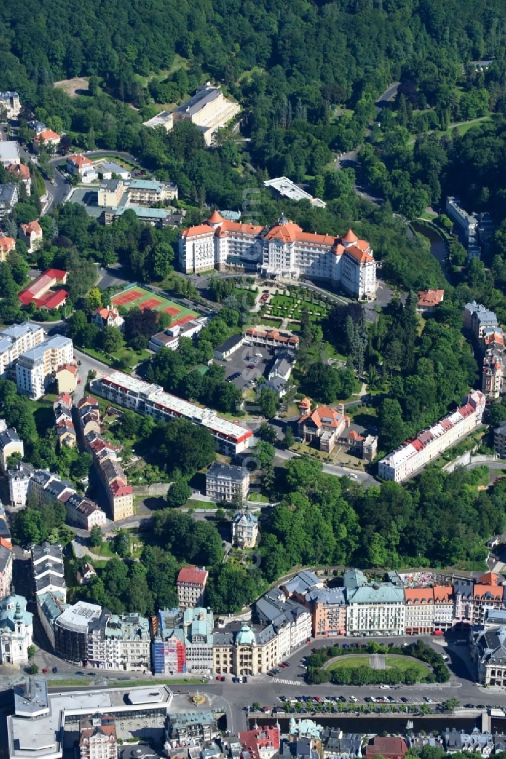 Karlovy Vary - Karlsbad from above - Town View of the streets and houses of the residential areas in Karlovy Vary - Karlsbad in Cechy - Boehmen, Czech Republic