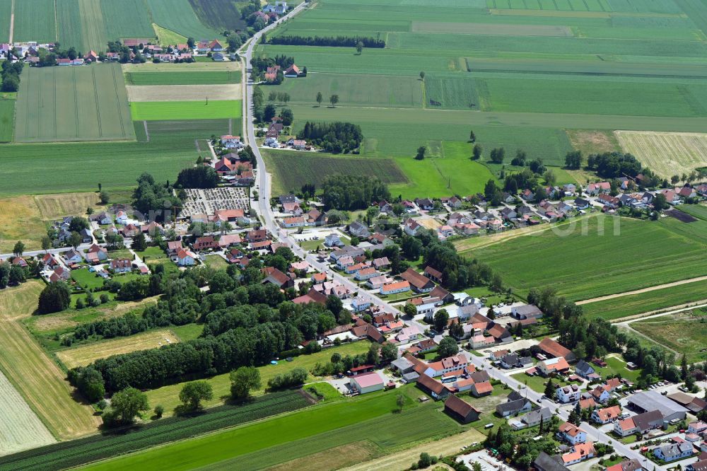 Aerial image Karlshuld - Town View of the streets and houses of the residential areas on street Hauptstrasse in Karlshuld in the state Bavaria, Germany