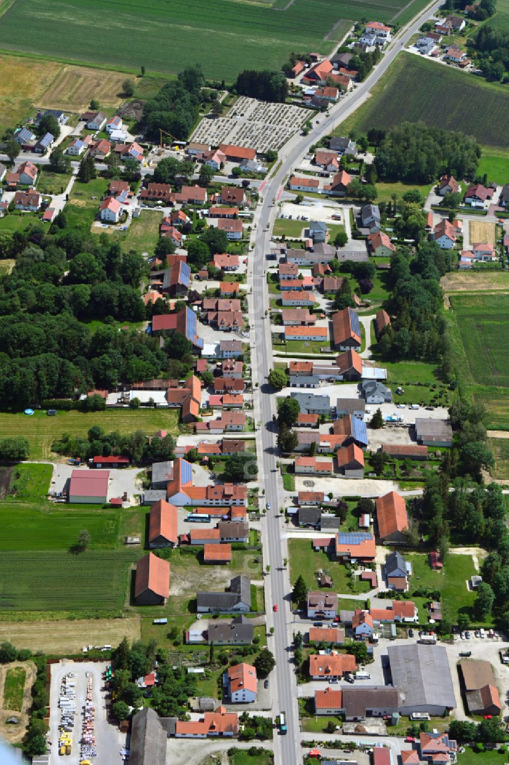 Aerial photograph Karlshuld - Town View of the streets and houses of the residential areas on street Hauptstrasse in Karlshuld in the state Bavaria, Germany