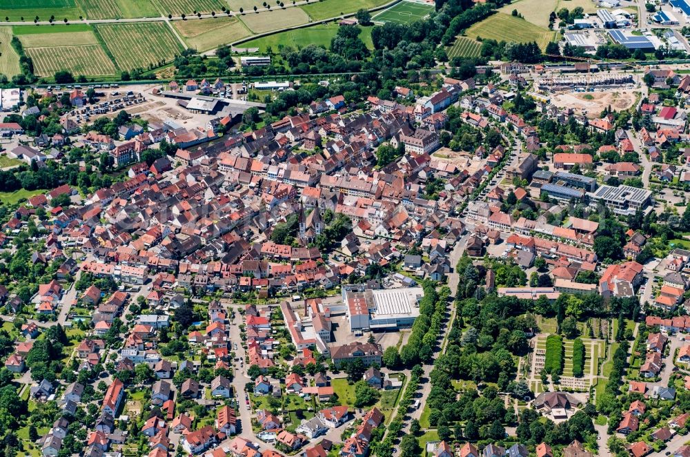 Kenzingen from above - Town View of the streets and houses of the residential areas in Kenzingen in the state Baden-Wuerttemberg, Germany