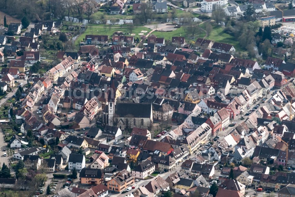 Kenzingen from above - Town View of the streets and houses of the residential areas in Kenzingen in the state Baden-Wuerttemberg, Germany