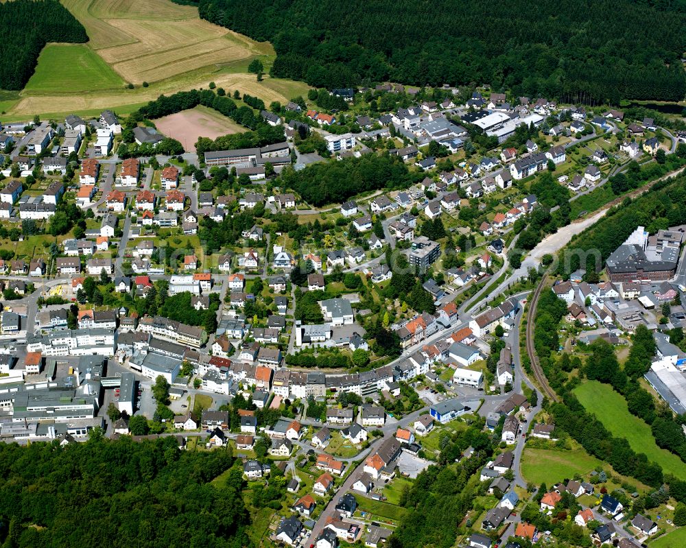 Kierspe from above - Town View of the streets and houses of the residential areas in Kierspe in the state North Rhine-Westphalia, Germany