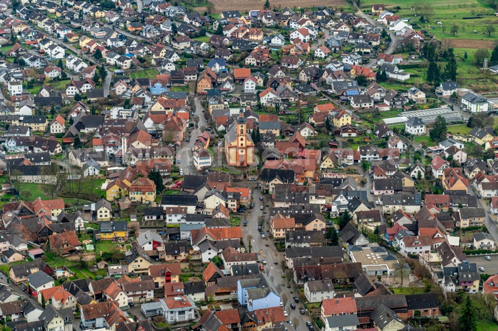 Niederschopfheim from above - Church building in the village of in Niederschopfheim in the state Baden-Wurttemberg, Germany