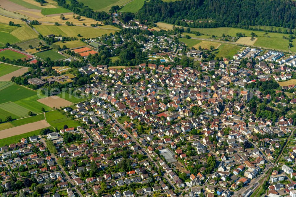 Kirchzarten from above - Town View of the streets and houses of the residential areas in Kirchzarten in the state Baden-Wuerttemberg, Germany