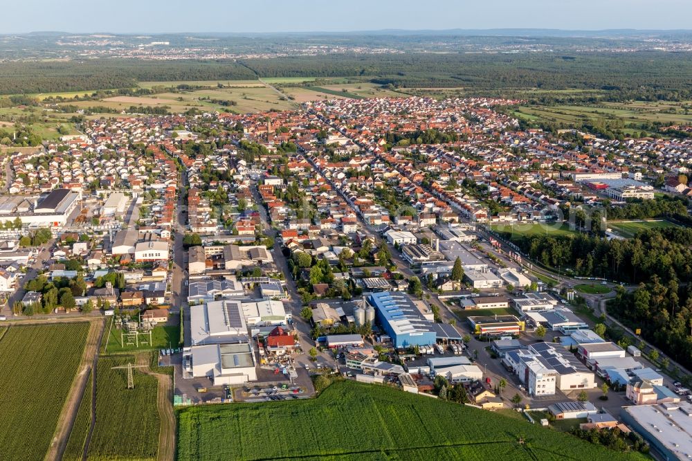 Aerial image Kirrlach - Town View of the streets and houses of the residential areas in Kirrlach in the state Baden-Wurttemberg, Germany