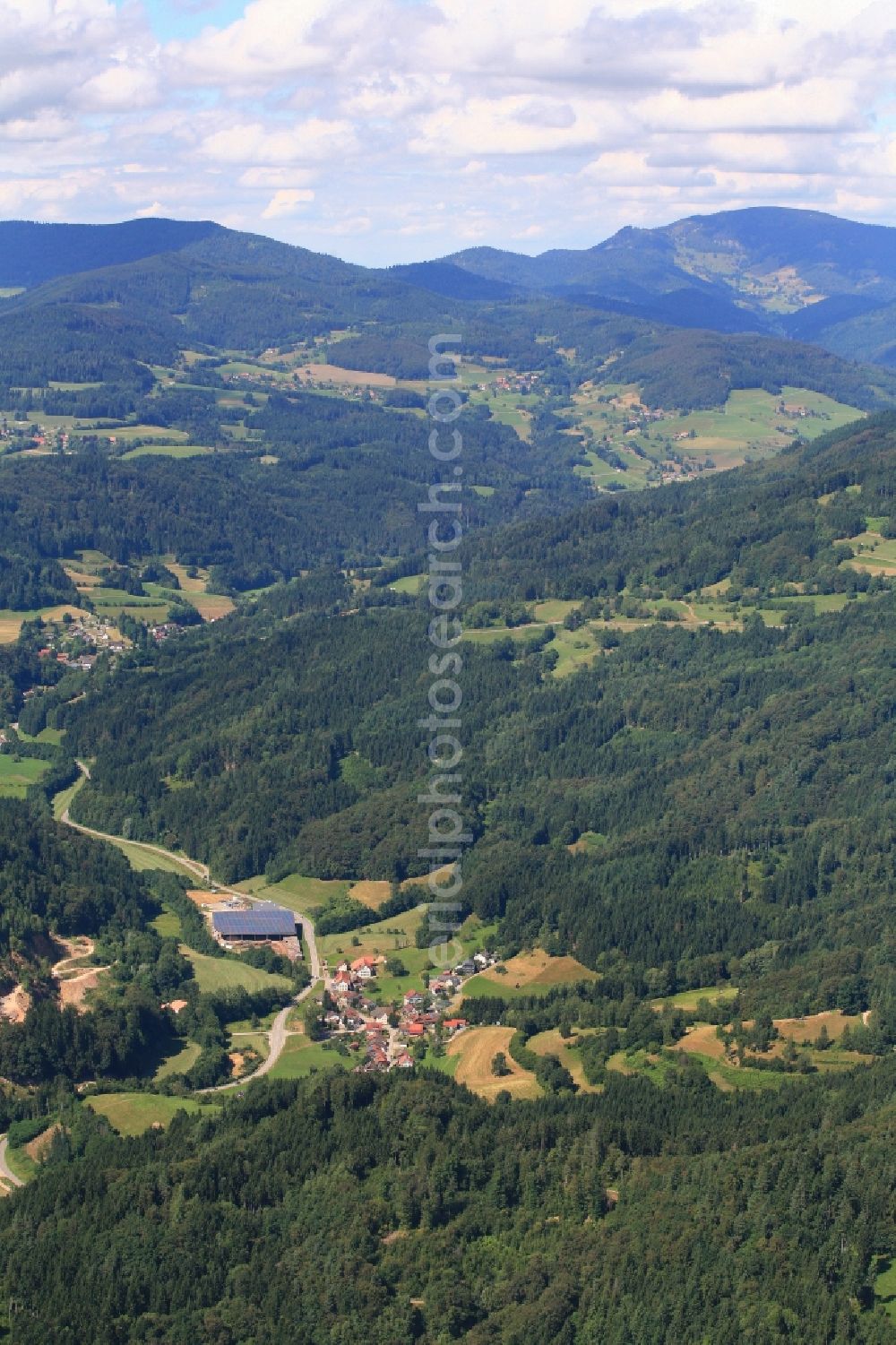 Tegernau from above - View of the landscape around the residential area Kleines Wiesental district Tegernau in the Black Forest in the state Baden-Wuerttemberg