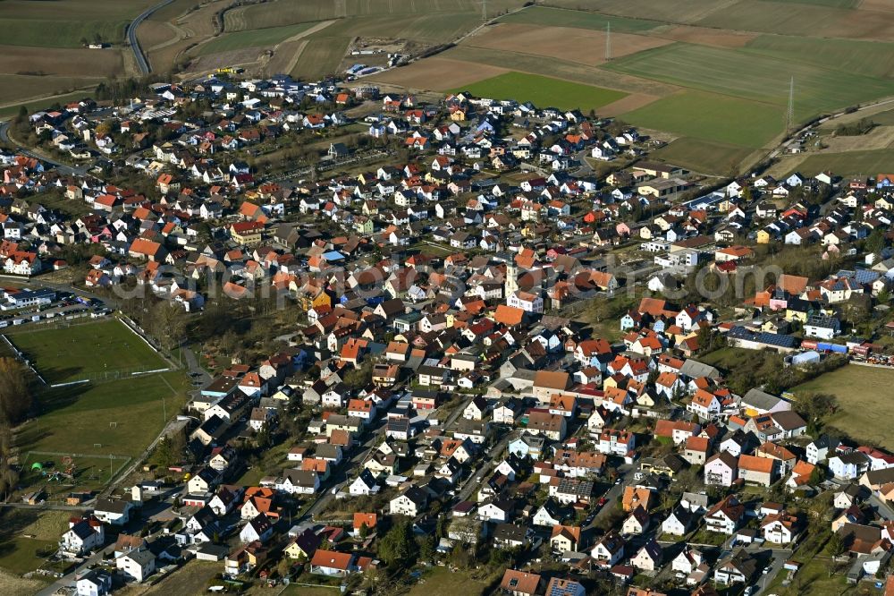 Aerial image Kleinrinderfeld - Town View of the streets and houses of the residential areas in Kleinrinderfeld in the state Bavaria, Germany