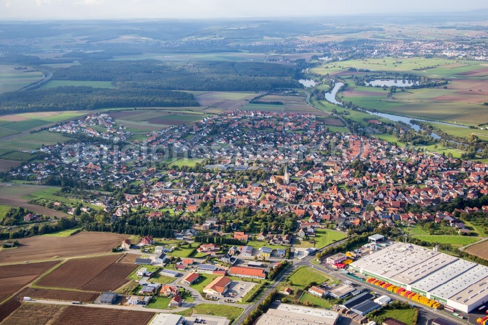 Aerial image Knetzgau - Town View of the streets and houses of the residential areas in Knetzgau in the state Bavaria, Germany