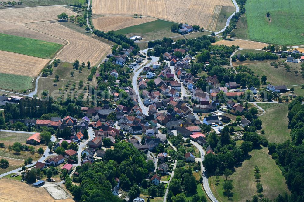 Krautheim from above - Town View of the streets and houses of the residential areas in Krautheim in the state Baden-Wuerttemberg, Germany