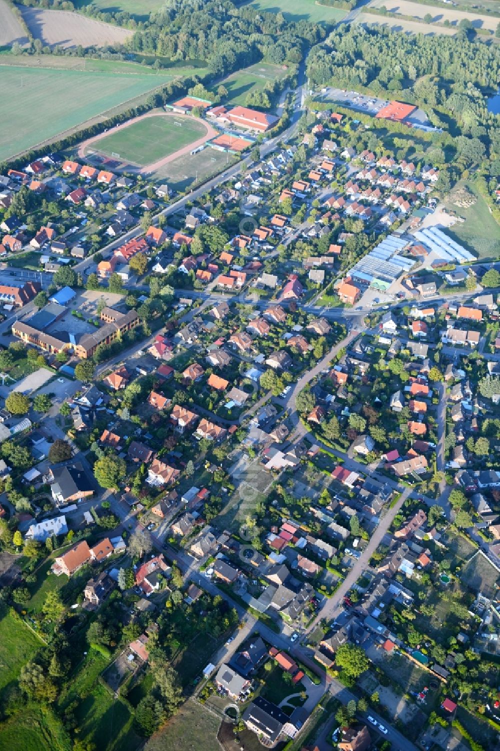 Krummesse from the bird's eye view: Town View of the streets and houses of the residential areas in Krummesse in the state Schleswig-Holstein, Germany