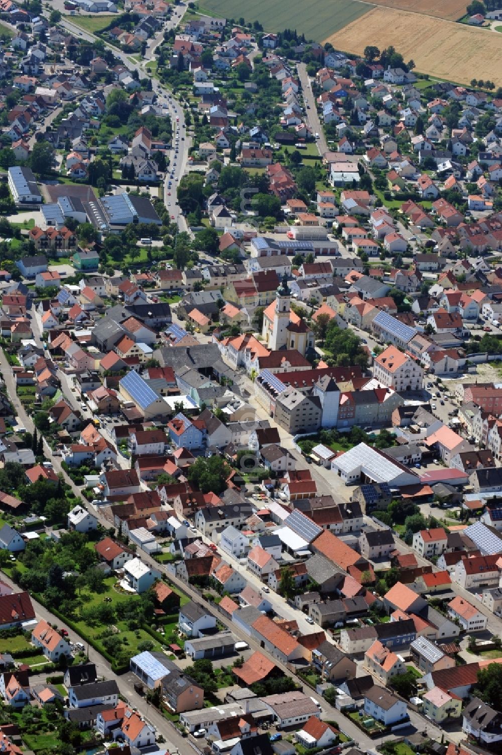 Kösching from the bird's eye view: Town View from the city center in Kösching in Bavaria