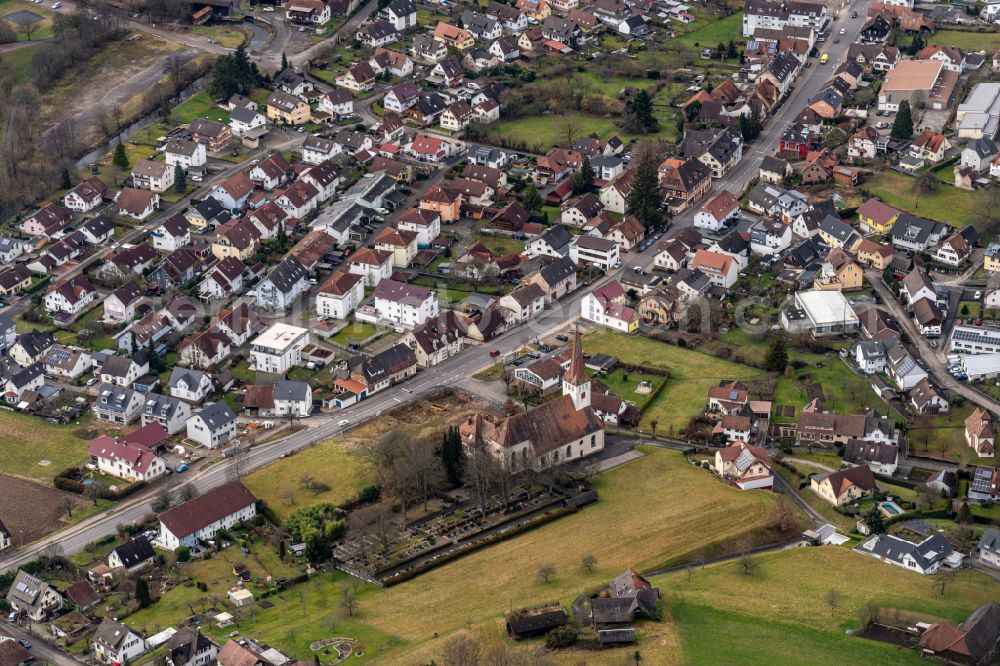 Kuhbach from above - Town View of the streets and houses of the residential areas in Kuhbach in the state Baden-Wuerttemberg, Germany