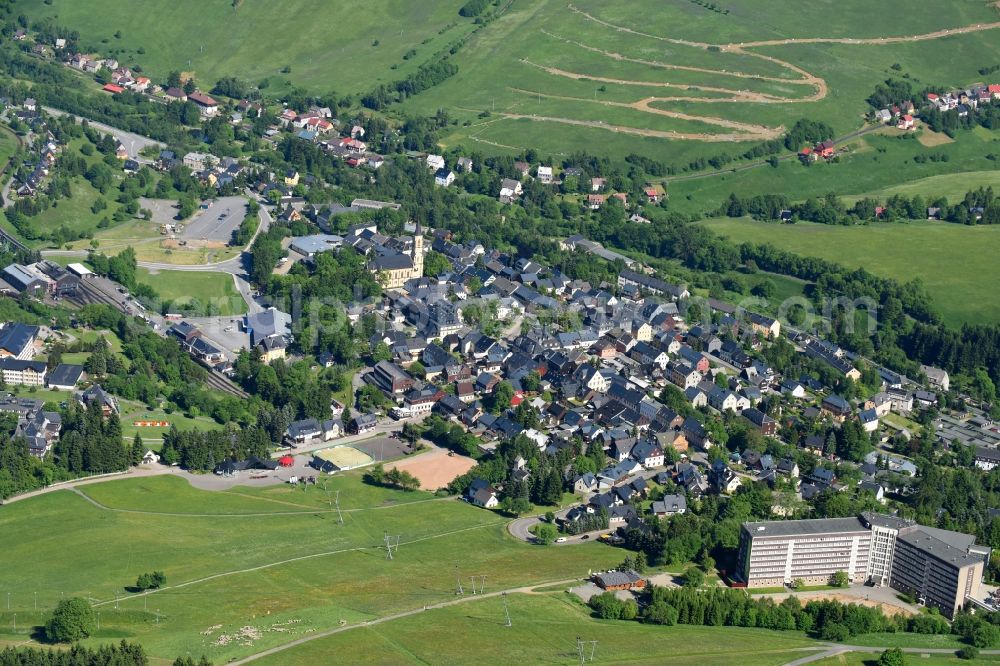 Kurort Oberwiesenthal from above - Town View of the streets and houses of the residential areas in Kurort Oberwiesenthal in the state Saxony, Germany