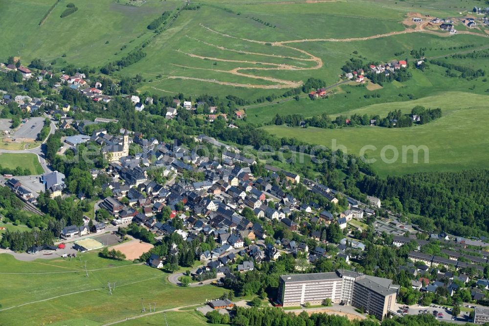 Kurort Oberwiesenthal from the bird's eye view: Town View of the streets and houses of the residential areas in Kurort Oberwiesenthal in the state Saxony, Germany