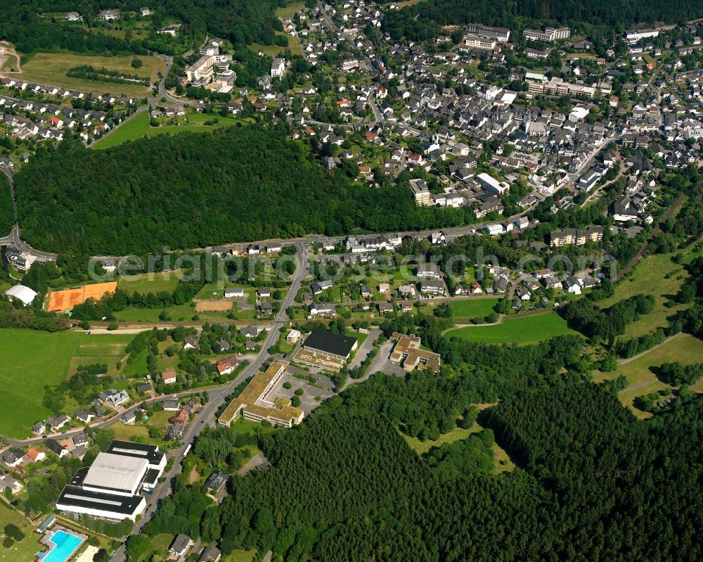 Bad Laasphe from the bird's eye view: Town View of the streets and houses of the residential areas on the Lahnstrasse in Bad Laasphe at Siegerland in the state North Rhine-Westphalia, Germany