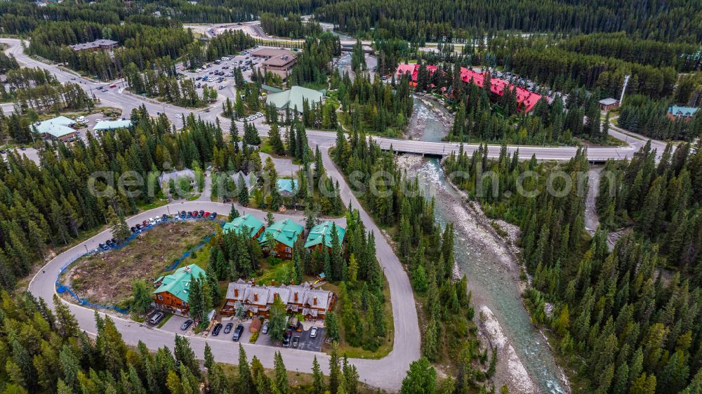 Lake Louise from above - Town View of the streets and houses of the residential areas in Lake Louise in Alberta, Canada