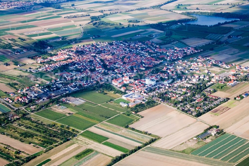 Lambsheim from above - Town View of the streets and houses of the residential areas in Lambsheim in the state Rhineland-Palatinate