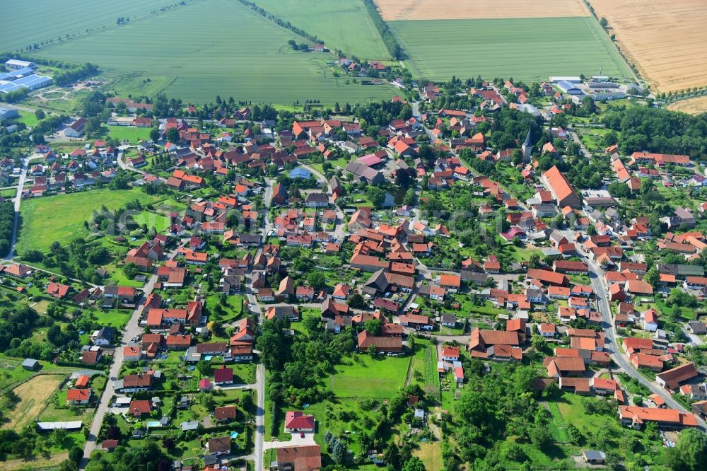 Langeln from above - Town View of the streets and houses of the residential areas in Langeln in the state Saxony-Anhalt, Germany