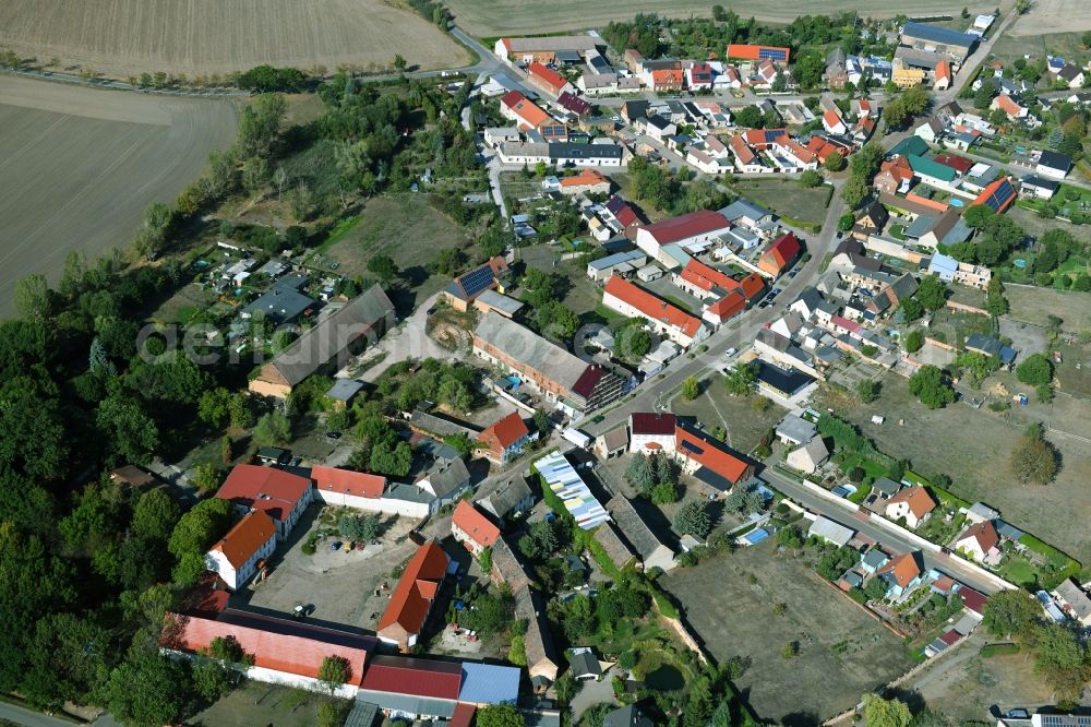 Löberitz from above - Town View of the streets and houses of the residential areas in Loeberitz in the state Saxony-Anhalt, Germany