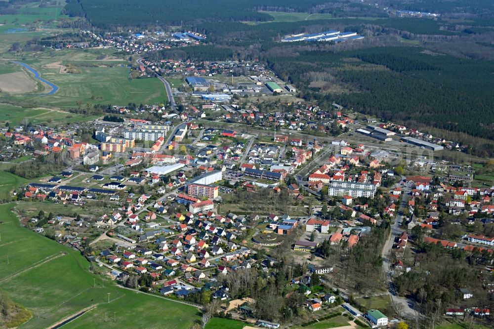 Löcknitz from above - Town View of the streets and houses of the residential areas in Loecknitz in the state Mecklenburg - Western Pomerania, Germany