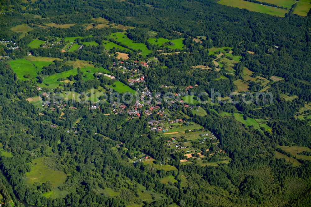 Lehde from above - Town View of the streets and houses of the residential areas in Lehde at Spreewald in the state Brandenburg, Germany