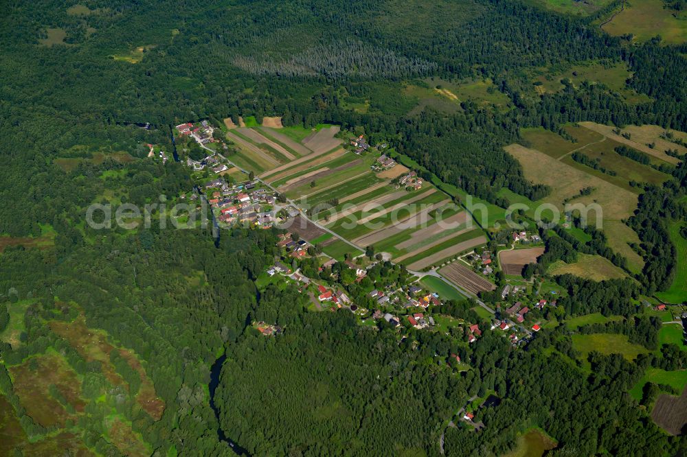 Leipe from the bird's eye view: Town View of the streets and houses of the residential areas in Leipe at Spreewald in the state Brandenburg, Germany