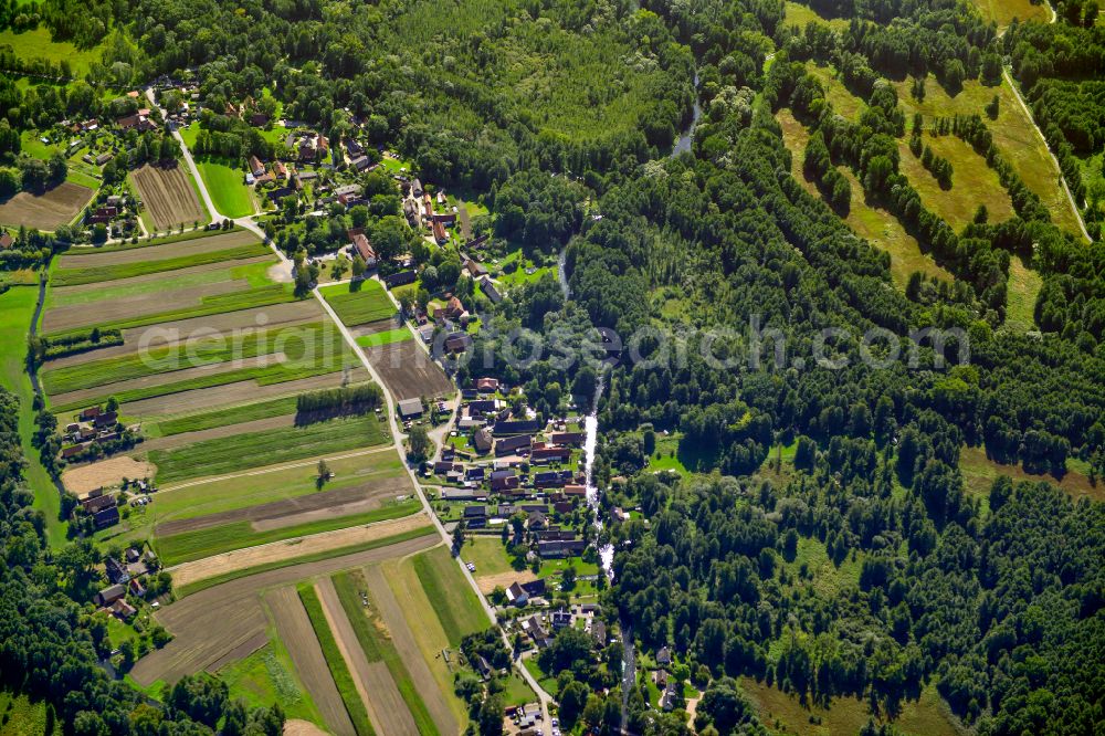 Aerial image Leipe - Town View of the streets and houses of the residential areas in Leipe at Spreewald in the state Brandenburg, Germany