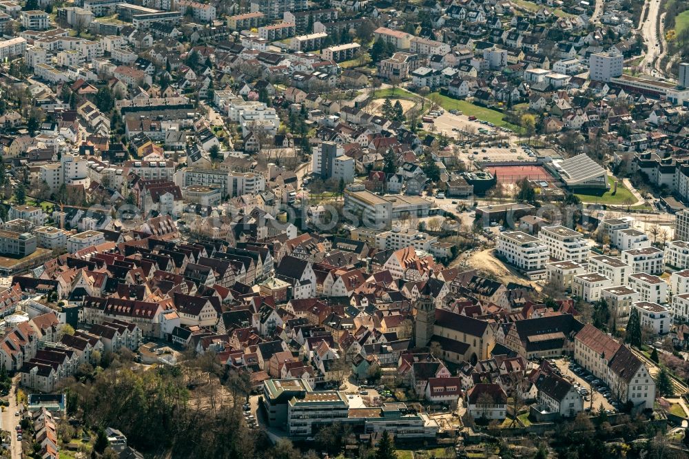 Leonberg from above - Town View of the streets and houses of the residential areas in Leonberg in the state Baden-Wuerttemberg, Germany