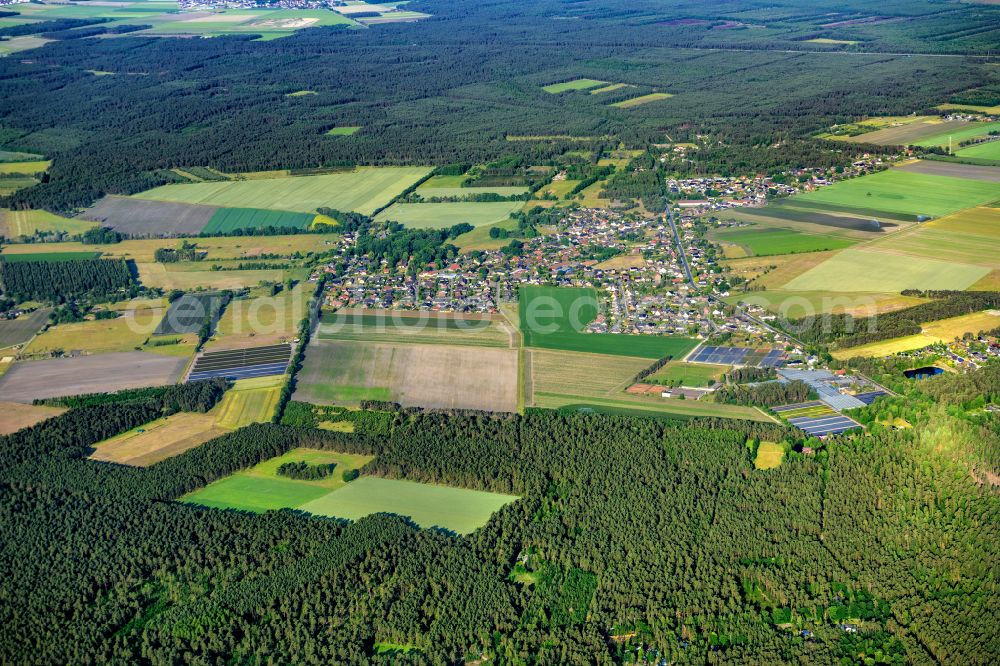 Aerial image Ehra-Lessien - Town View of the streets and houses of the residential areas in Lessien in the state Lower Saxony, Germany