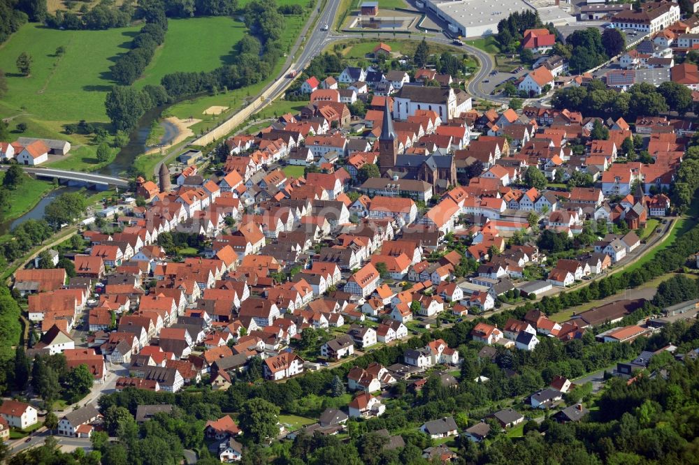 Lügde from the bird's eye view: Town View of the streets and houses of the residential areas in Luegde in the state North Rhine-Westphalia, Germany