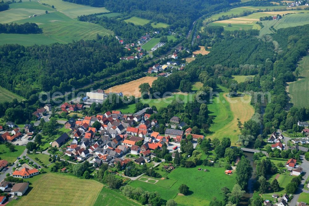 Liebenau from the bird's eye view: Town View of the streets and houses of the residential areas in Liebenau in the state Hesse, Germany