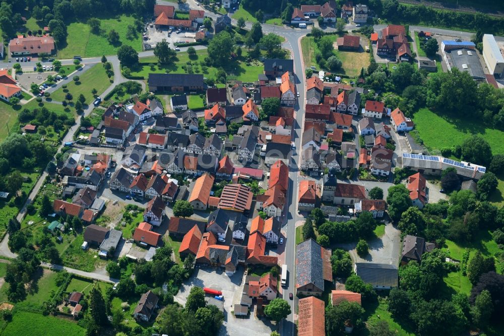 Liebenau from the bird's eye view: Town View of the streets and houses of the residential areas in Liebenau in the state Hesse, Germany