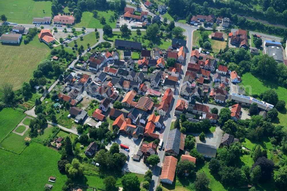 Aerial image Liebenau - Town View of the streets and houses of the residential areas in Liebenau in the state Hesse, Germany