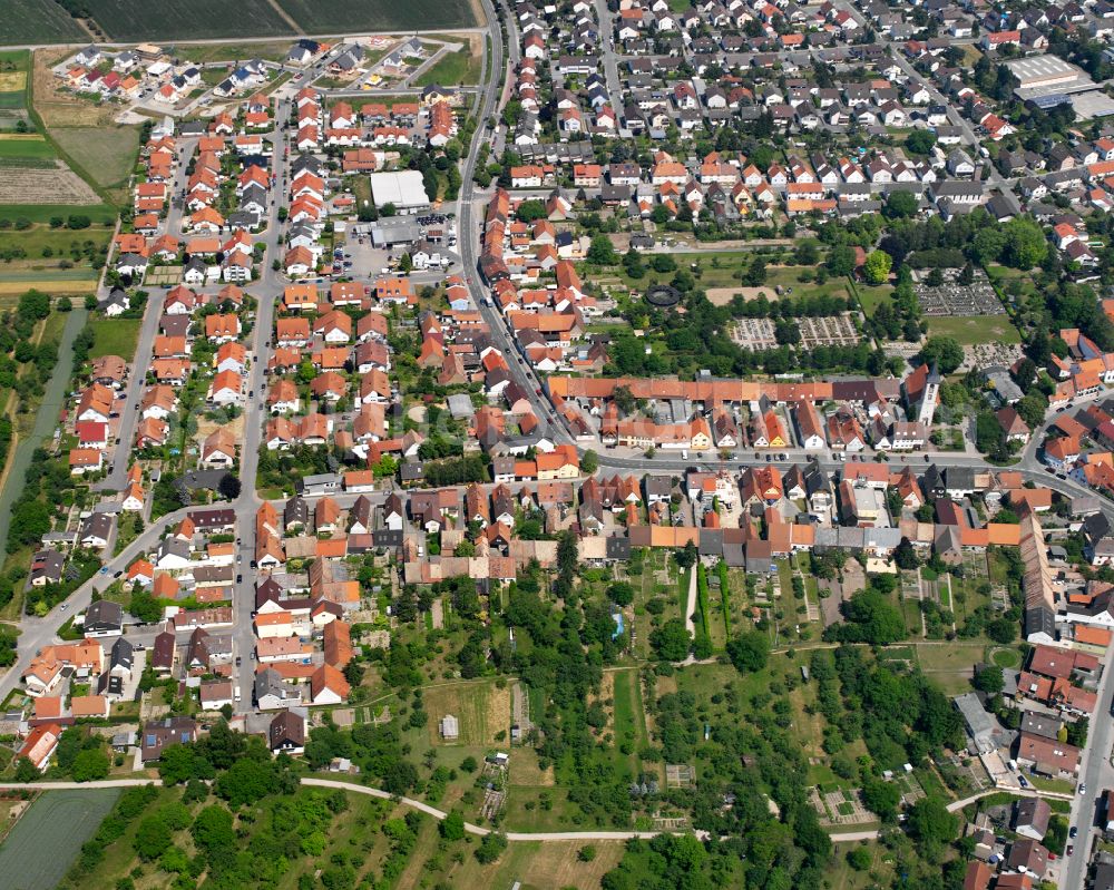 Liedolsheim from above - Town View of the streets and houses of the residential areas in Liedolsheim in the state Baden-Wuerttemberg, Germany