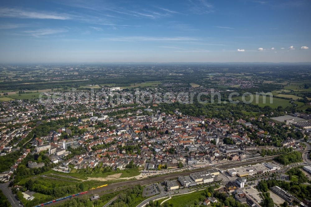 Lippstadt from the bird's eye view: View of Lippstadt in the state North Rhine-Westphalia. You can see the course of the railway line trough the city