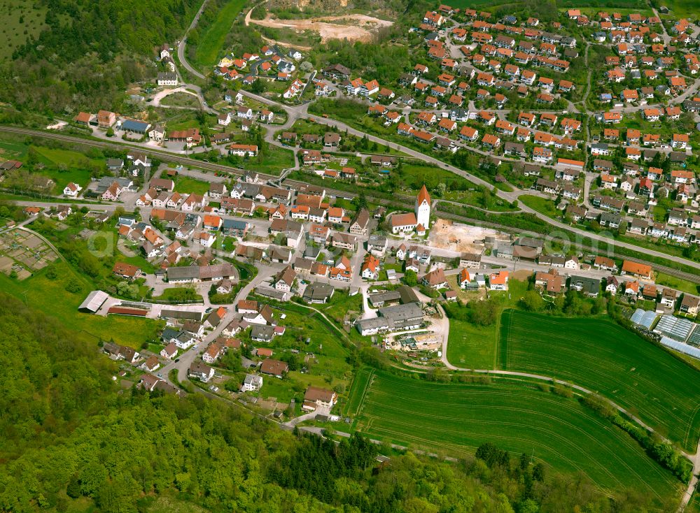 Aerial image Lonsee - Town View of the streets and houses of the residential areas in Lonsee in the state Baden-Wuerttemberg, Germany