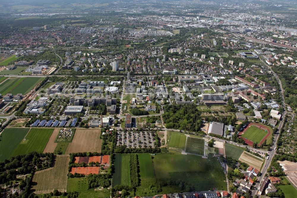 Mainz from above - The campus of the Johannes Gutenberg University Mainz. The University is attended by approximately 36 000 students from 130 nations and is one of the biggest universities in Germany