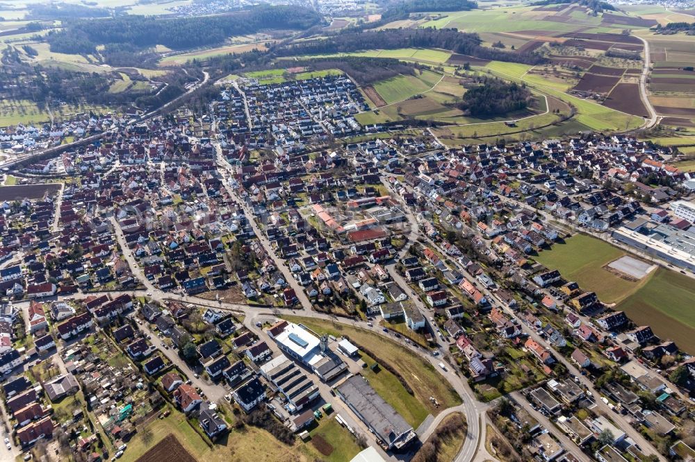 Malmsheim from above - Town View of the streets and houses of the residential areas in Malmsheim in the state Baden-Wuerttemberg, Germany