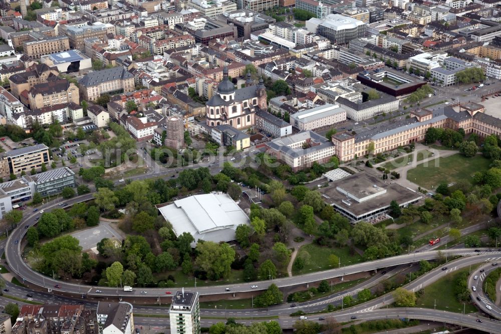 Aerial photograph Mannheim - Local view of Mannheim in the state of Baden Wurttemberg, Jesuit Church, left of it the historical observatory (surrounded by scaffolding)