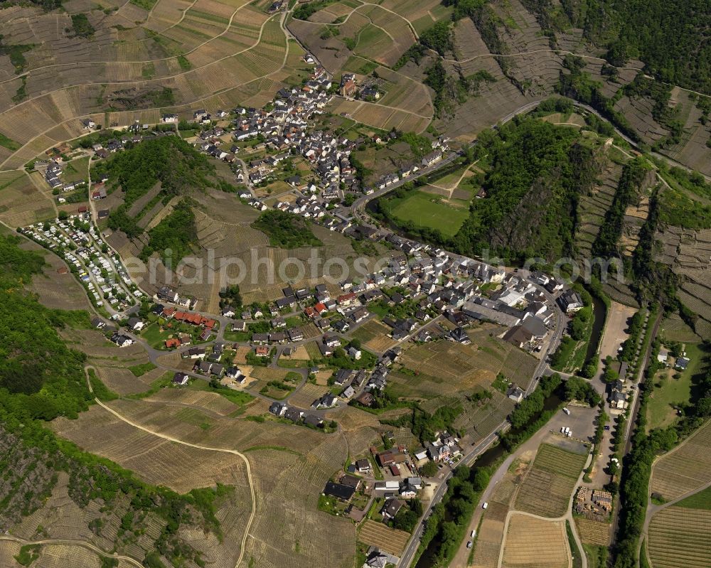 Mayschoß from above - View of Mayschoss in the state of Rhineland-Palatinate. The official tourist resort belongs to the wine-growing region of Walporzheim in the Ahr valley and is surrounded by vineyards