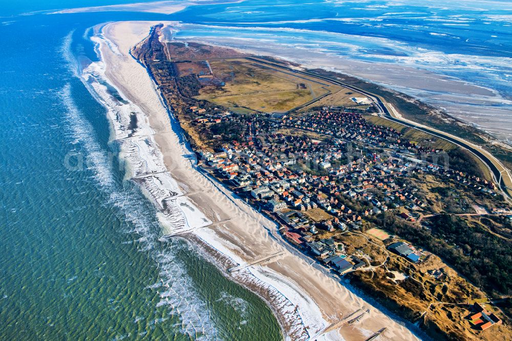 Aerial image Wangerooge - Town view on the sea coast of the North Sea island in Wangerooge in the state Lower Saxony, Germany