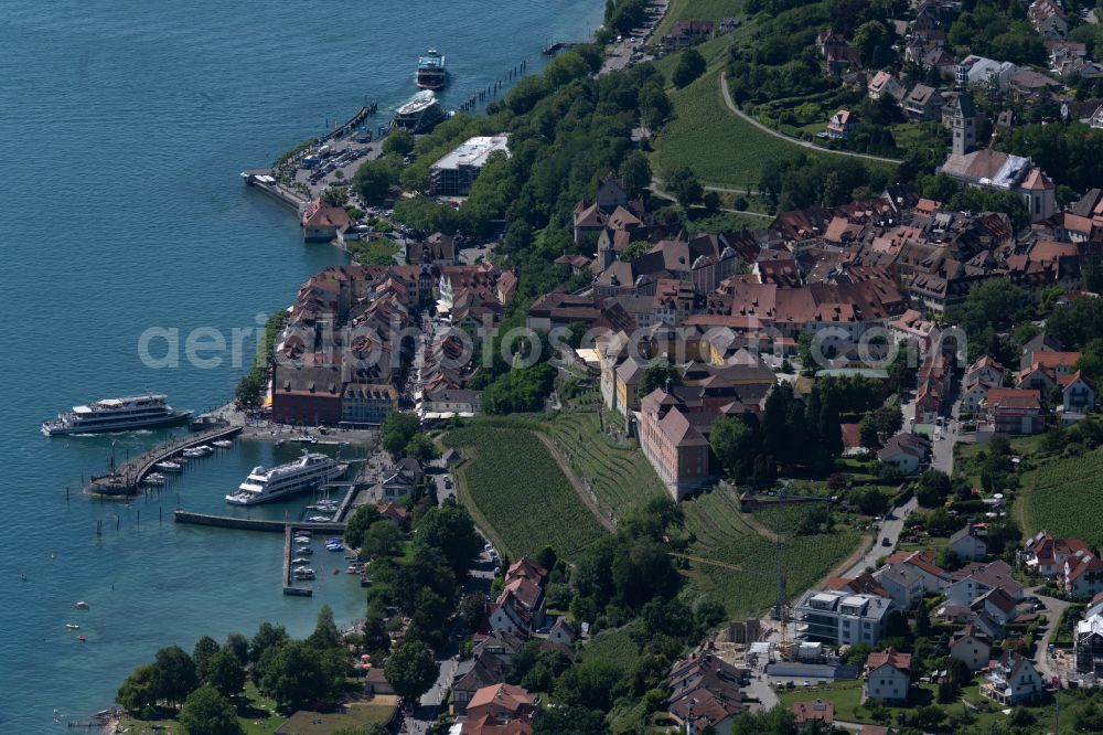 Meersburg from above - Town View of the streets and houses of the residential areas in Meersburg in the state Baden-Wuerttemberg, Germany