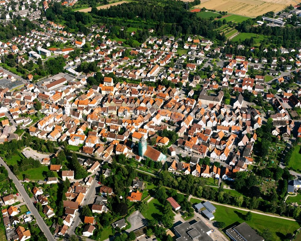 Mengen from above - Town View of the streets and houses of the residential areas in Mengen in the state Baden-Wuerttemberg, Germany
