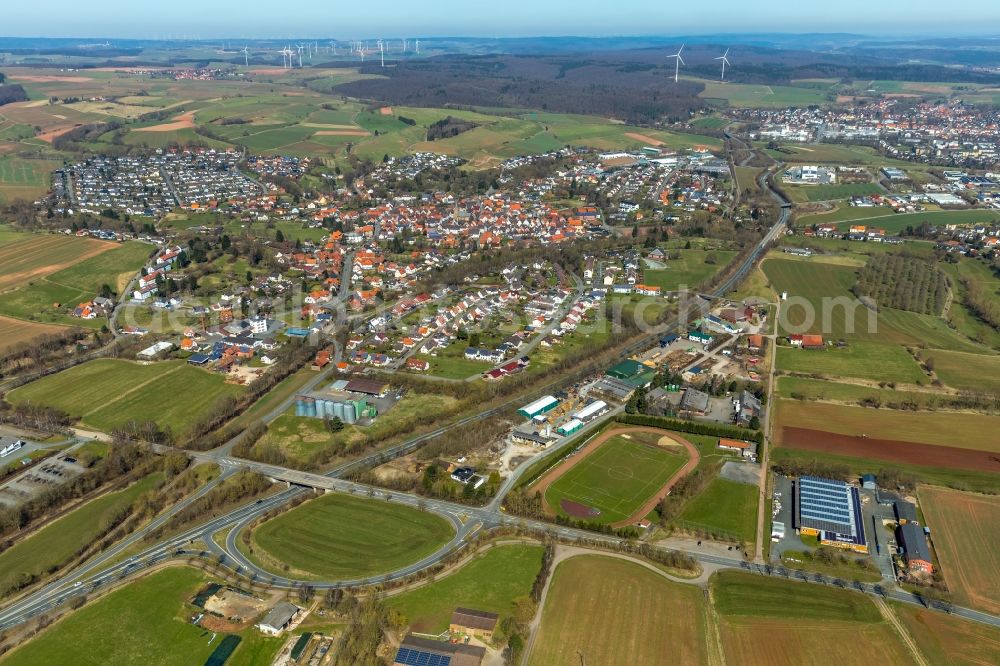 Mengeringhausen from above - Town View of the streets and houses of the residential areas in Mengeringhausen in the state Hesse, Germany