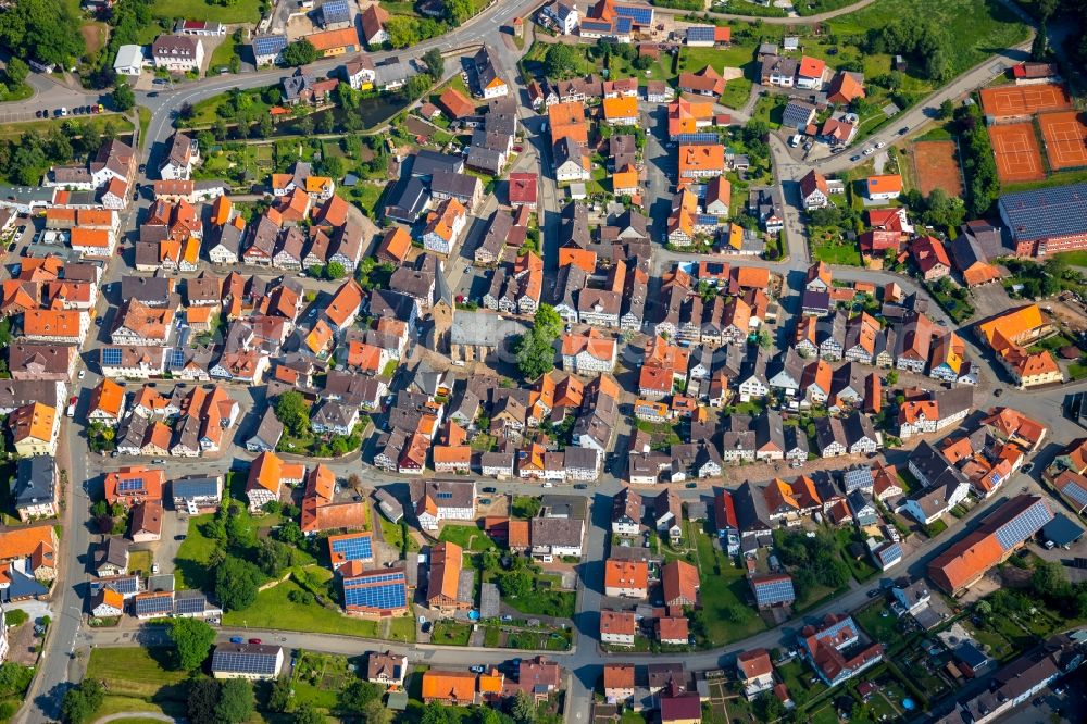 Mengeringhausen from above - Town View of the streets and houses of the residential areas in Mengeringhausen in the state Hesse, Germany