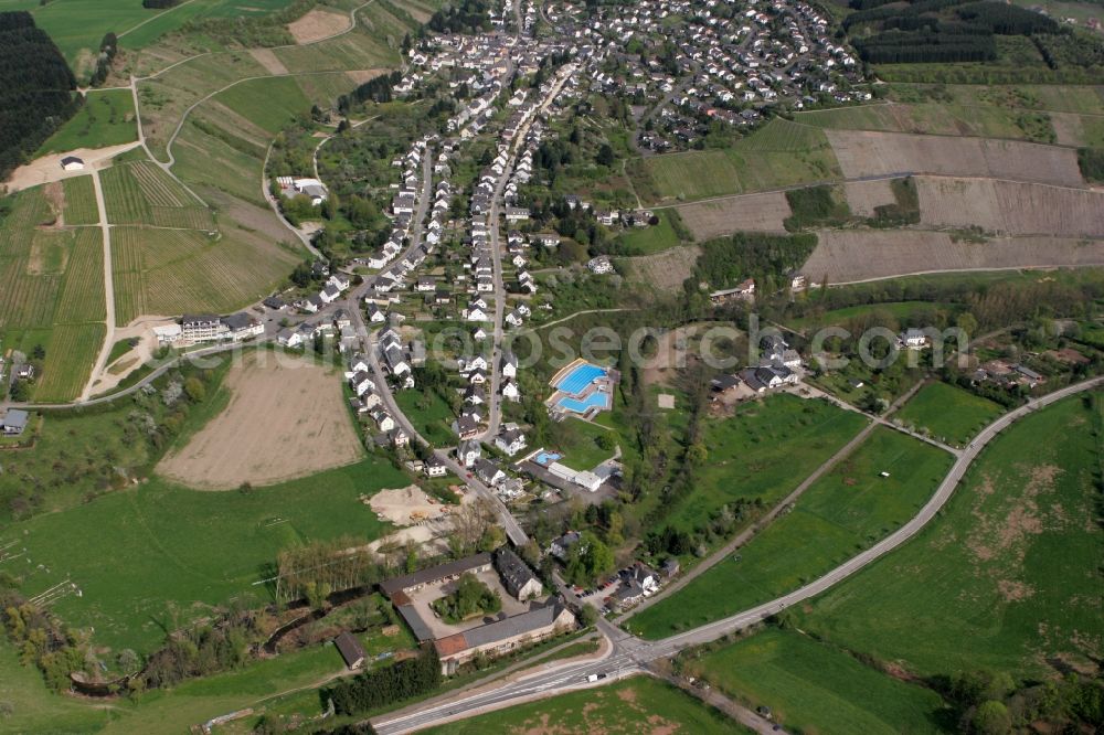 Aerial photograph Mertesdorf - View of Mertesdorf in the state of Rhineland-Palatinate. Mertesdorf is a wine-growing village in the valley of the river Ruwer near Trier and an official resort. The village is surrounded by vineyards and hills and consists of historic and residential buildings. The outdoor pool Ruwertal can be seen