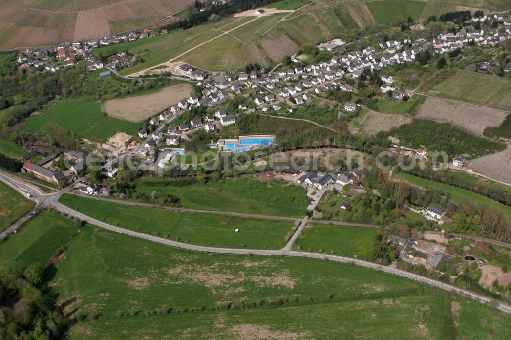 Mertesdorf from the bird's eye view: View of Mertesdorf in the state of Rhineland-Palatinate. Mertesdorf is a wine-growing village in the valley of the river Ruwer near Trier and an official resort. The village is surrounded by vineyards and hills and consists of historic and residential buildings. The outdoor pool Ruwertal can be seen