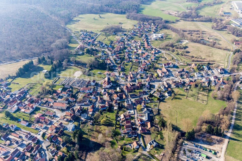 Mertzwiller from above - Town View of the streets and houses of the residential areas in Mertzwiller in Grand Est, France