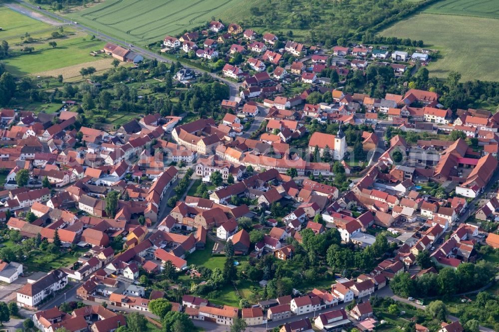 Mühlberg from above - Town View of the streets and houses of the residential areas in Muehlberg in the state Thuringia, Germany